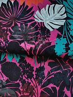 Шифон райский сад оранжево-фуксия-бирюза на черном (цена за 1м)